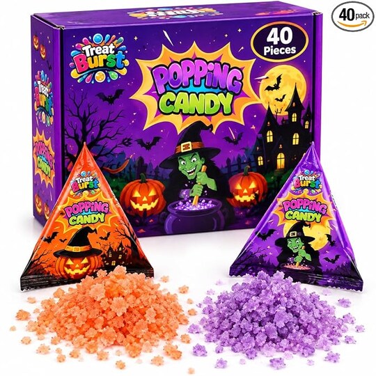 Treat Burst; Treat Burst Halloween Popping Candy 40 Pack, Pumpkin & Witch Designs, Orange & Grape Flavors, Individually Wrapped Trick or Treat Candy; Category:Halloween Candy; Image:1